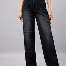 Orchid Blues Women Flared Contrast Stitch High-Rise Light Fade Cotton Cargos Jeans-image-56