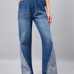 Orchid Blues Women Flared High Rise Light Fade Patch Detail Frayed Hem Cotton Jeans-image-31