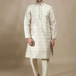 FILORI Chevron Printed Mandarin Collar Thread Work Art Silk Brocade Straight Kurta-picture-29
