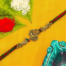 aadita Men Gold-Toned & Red Stones -Studded Lord Ganesha Rakhi-image-6