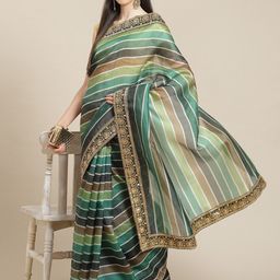 Anouk Striped Embroidered Organza Saree-37