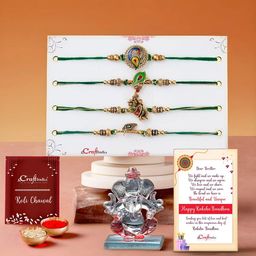 eCraftIndia Set of 5 Designer Rakhis With Crystal Lord Ganesha Idol Gift Set-image-25