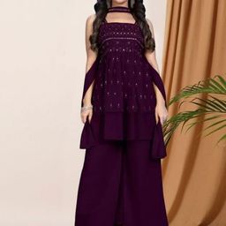 PARROT CREATION Embroidered Straight Sequinned Kurti With Sharara And Dupatta-1