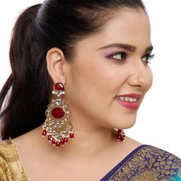 Rhymee Gold Plated Kundan Studded & Beaded Contemporary Drop Earrings-3