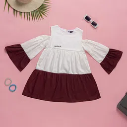 Purple United Kids Girls Colourblocked Round Neck Flared Sleeve Cotton Fit & Flare Dress-picture-10