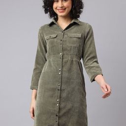 Latin Quarters Self Design Shirt Collar Above Knee Length A-Line Dress-11