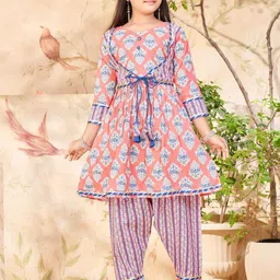 Sangria Girls Peach and White Ethnic Motifs Printed Pure Cotton Kurta With Patiala-picture-13