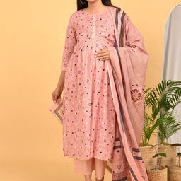 GOLDSTROMS Women Geometric Printed Pure Cotton A-Line Kurta with Palazzo & Dupatta-image-96