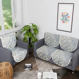 Aura Grey & White Floral Self Design 6 Pieces 3 Seater Cotton Sofa Cover-0
