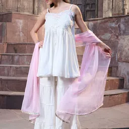 Stylum Floral Embroidered Shoulder Straps Empire Kurta With Sharara And Dupatta-34
