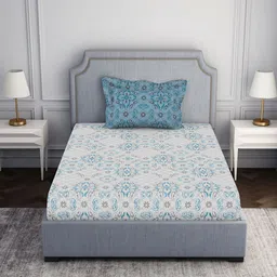 SPACES Blue & Grey Floral 144 TC Single Bedsheet with 1 Pillow Covers-image-39
