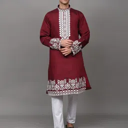 Exotic India Men Floral Thread Embroidered Kurta with Elastic Waist White Pajama-image-63