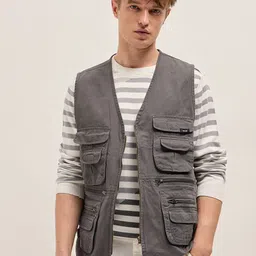 THE BEAR HOUSE Men Lightweight Outdoor Open Front Jacket with Patchwork-5