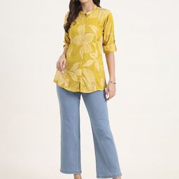 Chandbaali Women Tropical Print Mandarin Collar Roll-Up Sleeves Shirt Style Top-image-78