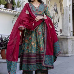 Pistaa Women Ethnic Printed Layered Pure Cotton Kurta with Palazzos & With Dupatta-picture-19
