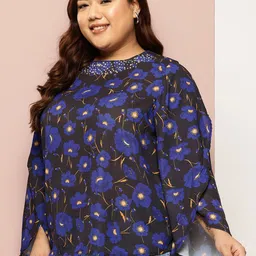 Sztori Plus Size Floral Print Flared Sleeve Studded Top image 4
