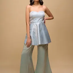 Samyukta Singhania Woven Design Strapless Neck Peplum Top With Trousers Co-Ords-picture-49