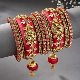 Peora Set of 10 Red Gold-Plated Designer Silk Thread Studded Bridal Chuda Bangles image 1