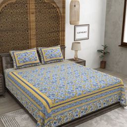 CLOTHOLOGY Yellow & Blue Printed Pure Cotton 180 TC King Bedsheet Set 2.75 m x 2.25 m-image-17