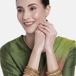 Peora Set of 10 Cream-Coloured Handcrafted Silk Thread Kundan Studded Chuda Bangles image 1