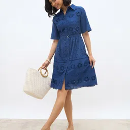 Styli Women Belted Regular Sleeves Knee Length Schiffli Shirt Dress-image-99