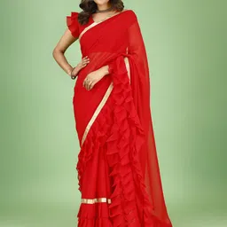 SAREEFLAME Ruffle Zari Border Pure Georgette Saree-picture-49