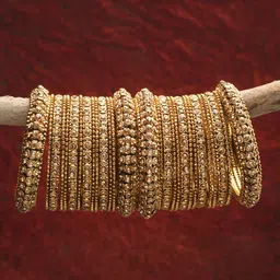 Shining Diva Set Of 28 Gold-Plated Gold-Colored Crystal-Studded Antique Bangle image 4