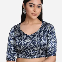 THE WEAVE TRAVELLER Blue Printed Saree Blouse-image-7