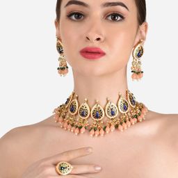 Zaveri Pearls Gold-Plated Green & Blue Stone-Studded & Pearl Beaded Meenakari Jewellery Set-image-39