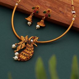 ATIBELLE Gold-Plated Stones Studded & Beaded Peacock Shaped Jewellery Set-image-92