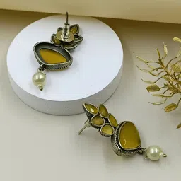 BLACKBOX Artificial Stone Studded Oxidised Feather Style Drop Earring-33