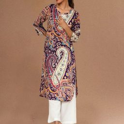 Varanga Paisley Printed Notch Neck Screen Print Straight Kurta-image-86