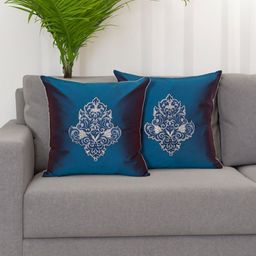 ZEBA Blue & Grey 2 Pieces Ethnic Motifs Embroidered Square Cushion Covers-48