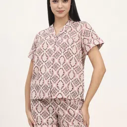 Divena Women Ethnic Motifs Lapel Coller Printed Pure Cotton Shirt With Shorts Night suit-image-40