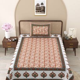 Myntra Elegant Homes Rust & White Floral Cotton 210 TC Single Bedsheet Set 1.52 m x 2.28 m-picture-10