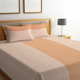 Myntra Elegant Homes Peach-Colored Striped Cotton Double Bed Cover With 2 Pillow Covers-image-36