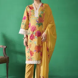 Anouk Yellow Floral Printed V-Neck Thread Work Pure Cotton Kurta With Trouser With Dupatta-24