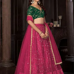 Warthy Ent Embroidered Sequinned Net Semi-Stitched Lehenga & Unstitched Blouse & Dupatta image 5