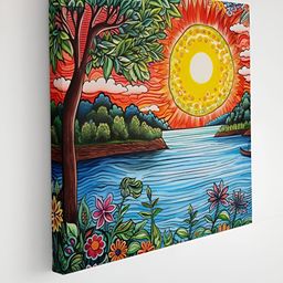 SAF Blue & Yellow Vibrant Sunrise River Landscape Canvas Wall Art-picture-49