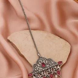 Sangria Silver-Plated Oxidised Artificial Stones and Beads Studded Maang Tikka-picture-41