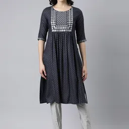 Samhitas Floral Embroidered Round Neck Pleated A-Line Kurta-picture-57