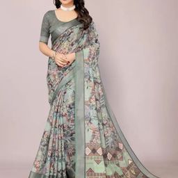 MUSKAN CREATION Floral Printed Zari Linen Blend Saree-9