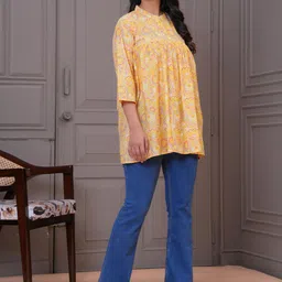 Meeranshi Floral Print Mandarin Collar Cotton Peplum Top-image-84