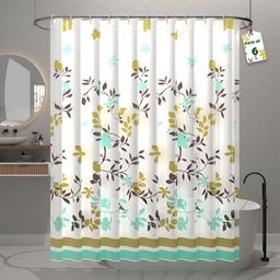 Aura 6-Pcs White & Mustard Printed Waterproof ShowerCurtainWithHooks-32