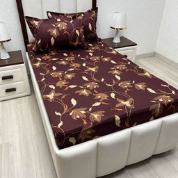 Pure Decor Brown & Cream-Coloured Floral 200 TC Single Bedsheet with 2 Pillow Covers-image-38