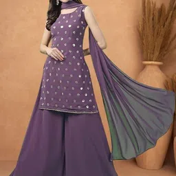 PARROT CREATION Geometric Embroidered Sequinned Georgette Kurti with Sharara And Dupatta-4