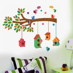100 cm Nursery Colourful Bird House on a Branch Self Adhesive Sticker-picture-10