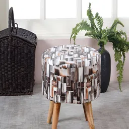COMFIDELITAS Brown & Black Printed Cotton & Wood Cylindrical With Storage Ottoman-image-49