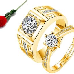 Love Forever Gold Elements Adjustable Couple Rings Stainless Steel Cubic Zirconia Gold Plated Ring Set-image-12
