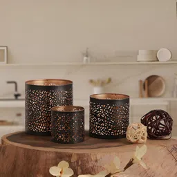 Homspurts Black 3 Pieces Textured Metal Tea Light Candle Holders-image-57